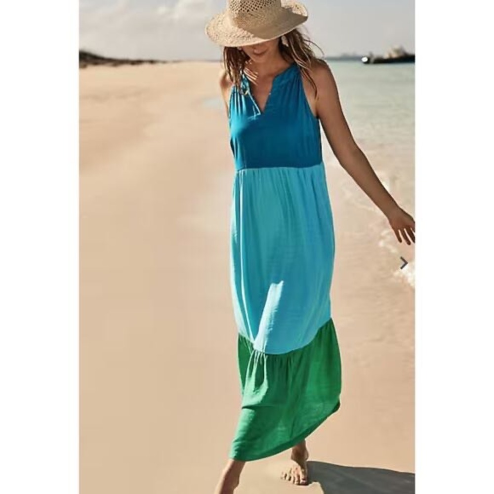 J.Jill Color Block Tiered Sleeveless Maxi Dress Pockets Women Plus 3X Blue Green